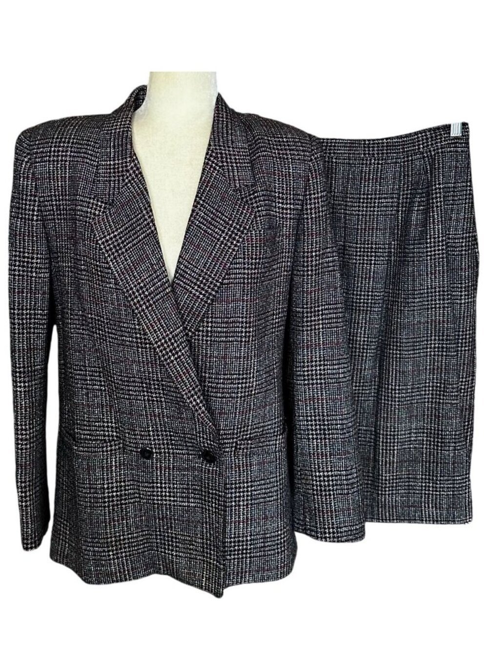 Vintage 80s En Avance Glen Plaid Skirt Suit Double Breasted Tweed Size 11/12